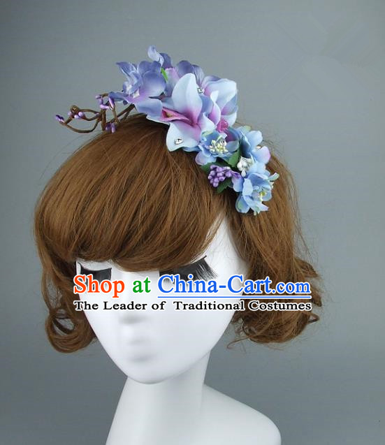 Asian China Wedding Purple Flowers Hair Accessories, Model Show Headdress Bride Headwear for Women