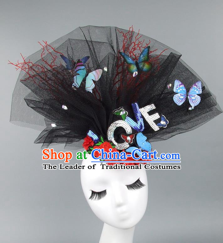 Asian China Exaggerate Veil Hair Accessories Model Show Butterfly Headdress, Halloween Ceremonial Occasions Miami Deluxe Headwear