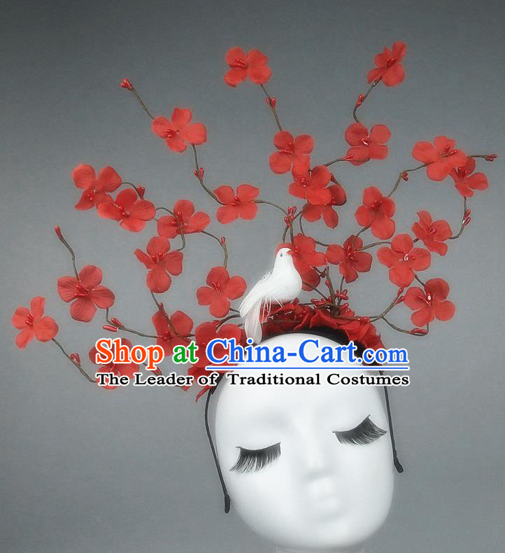 Asian China Red Flowers Hair Accessories Model Show Headdress, Halloween Ceremonial Occasions Miami Deluxe Headwear