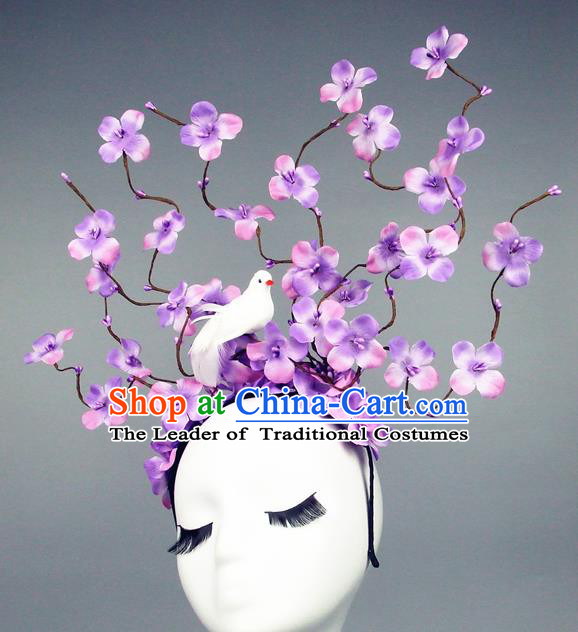 Asian China Rosy Flowers Hair Accessories Model Show Headdress, Halloween Ceremonial Occasions Miami Deluxe Headwear