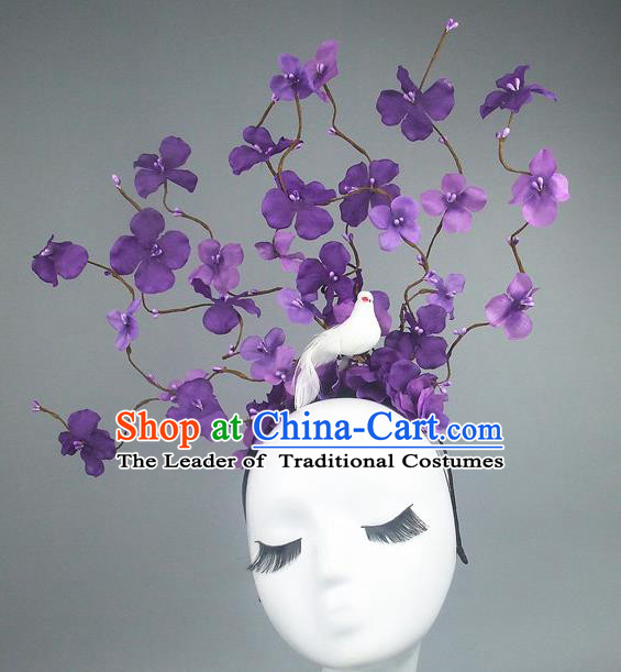 Asian China Purple Flowers Hair Accessories Model Show Headdress, Halloween Ceremonial Occasions Miami Deluxe Headwear