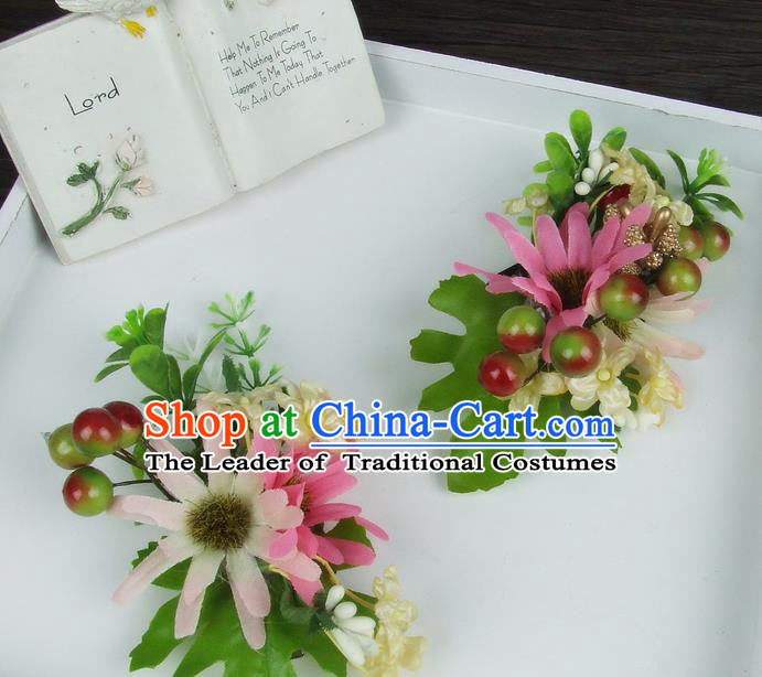 Asian China Wedding Bride Hair Accessories Pink Flower Hair Stick Baroque Headwear for Women