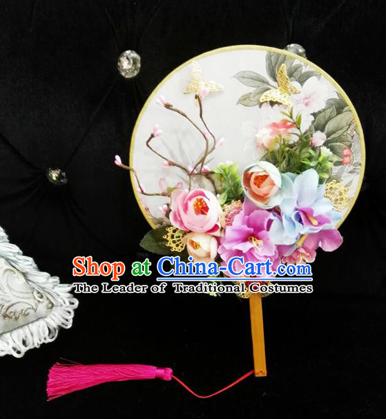 Traditional Handmade Chinese Ancient Wedding Round Fans, Hanfu Palace Lady Bride Purple Flowers Mandarin Fans for Women