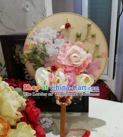 Traditional Handmade Chinese Ancient Wedding Round Fans, Hanfu Palace Lady Bride Champagne Flowers Mandarin Fans for Women