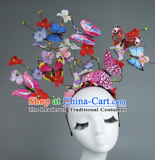 Asian China Exaggerate Hair Accessories Model Show Butterfly Headpiece, Halloween Ceremonial Occasions Miami Deluxe Headwear