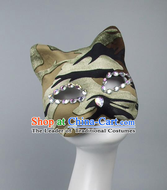 Handmade Exaggerate Fancy Ball Accessories Model Show Crystal Mask, Halloween Ceremonial Occasions Cat Face Mask