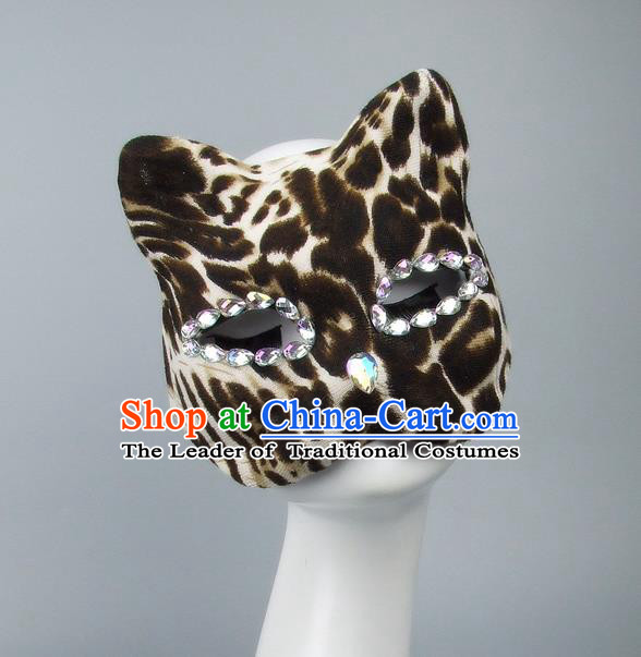 Handmade Exaggerate Fancy Ball Accessories Model Show Crystal Mask, Halloween Ceremonial Occasions Cat Face Mask