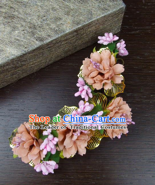 Top Grade Handmade Wedding Hair Accessories Pink Headdress Silk Flowers, Baroque Style Bride Pearls Headwear for Women