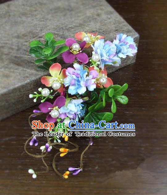 Top Grade Handmade Wedding Hair Accessories Headdress Colorful Silk Flowers, Baroque Style Bride Pearls Headwear for Women