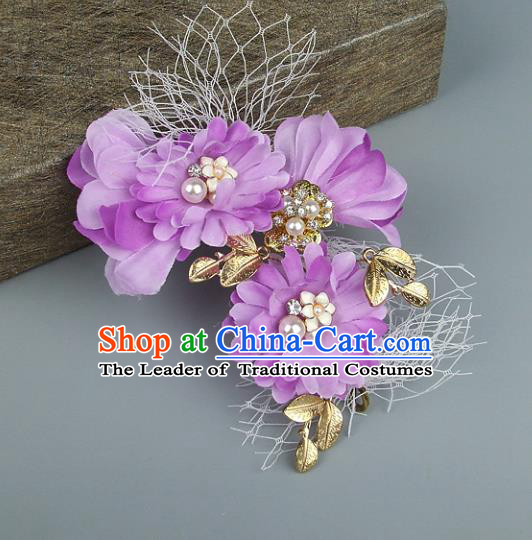 Top Grade Handmade Wedding Hair Accessories Purple Flowers Headdress, Baroque Style Bride Headwear for Women