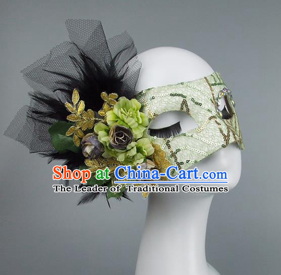 Top Grade Handmade Exaggerate Fancy Ball Model Show Veil Green Flowers Mask, Halloween Ceremonial Occasions Face Mask