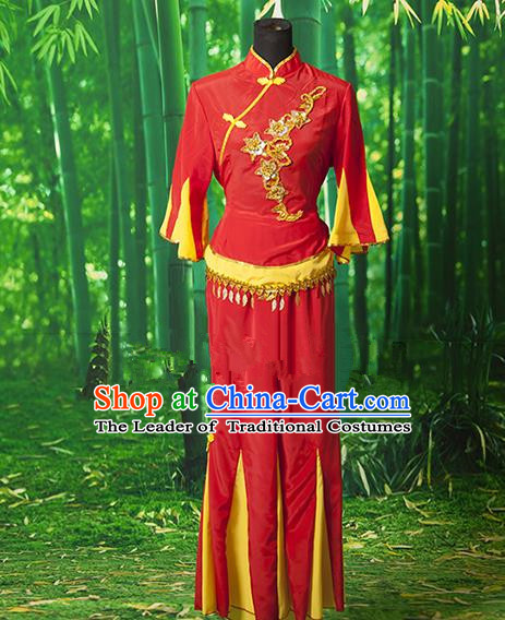 Traditional Chinese Classical Dance Yangge Fan Dancing Costume, Drum Dance Uniform Yangko Red Costume for Women