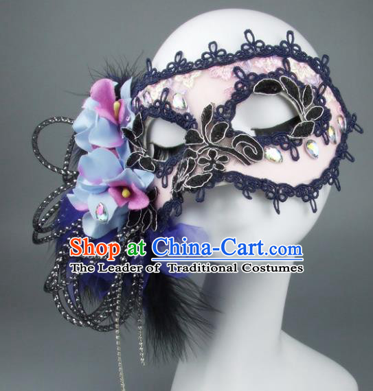 Top Grade Handmade Exaggerate Fancy Ball Accessories Pink Lace Mask, Halloween Model Show Ceremonial Occasions Face Mask