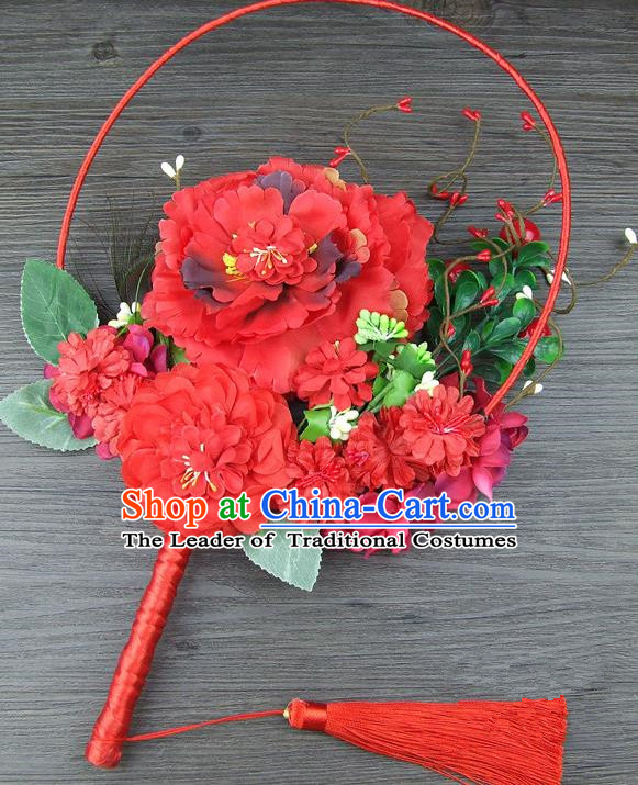 Traditional Handmade Chinese Ancient Wedding Red Flowers Butterfly Round Fans, Hanfu Palace Lady Bride Xiuhe Suit Mandarin Fans for Women