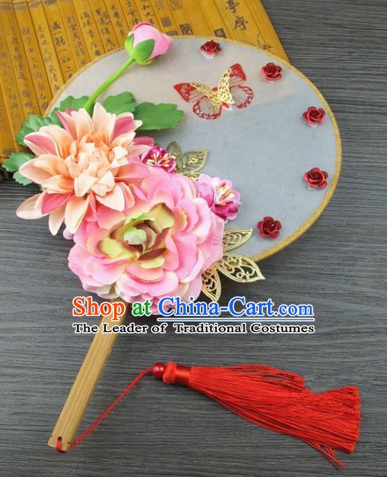 Traditional Handmade Chinese Ancient Wedding Pink Flowers Butterfly Round Fans, Hanfu Palace Lady Bride Xiuhe Suit Mandarin Fans for Women