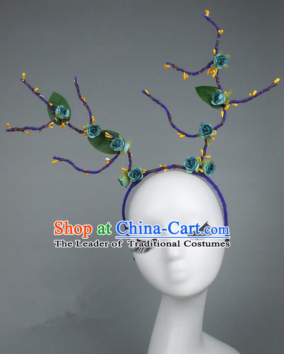 Handmade Halloween Fancy Ball Hair Accessories Green Flowers Headwear, Ceremonial Occasions Miami Model Show Headdress