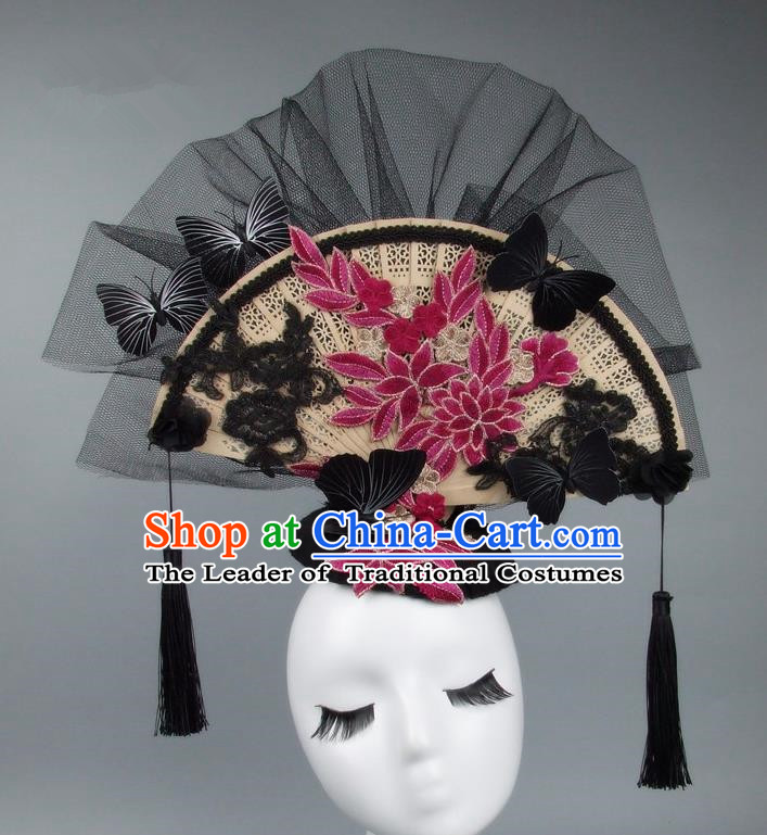 Handmade Asian Chinese Fan Hair Accessories Red Lace Butterfly Headwear, Halloween Ceremonial Occasions Miami Model Show Tassel Headdress