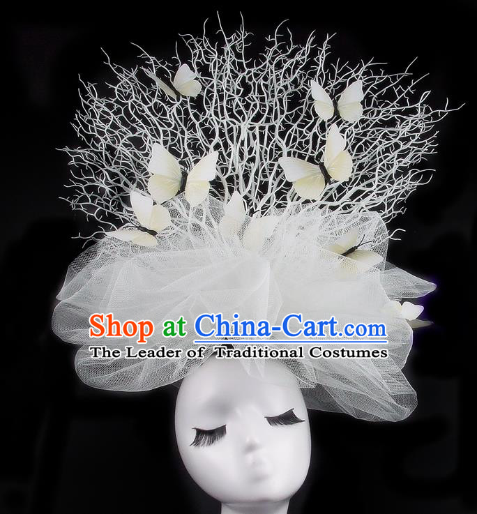 Handmade Exaggerate Fancy Ball Hair Accessories White Veil Butterfly Headwear, Halloween Ceremonial Occasions Model Show Headdress