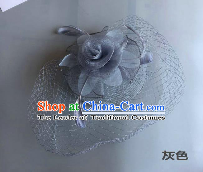 Top Grade Handmade Wedding Hair Accessories Grey Feather Veil Headwear, Baroque Style Bride Silk Headdress for Women