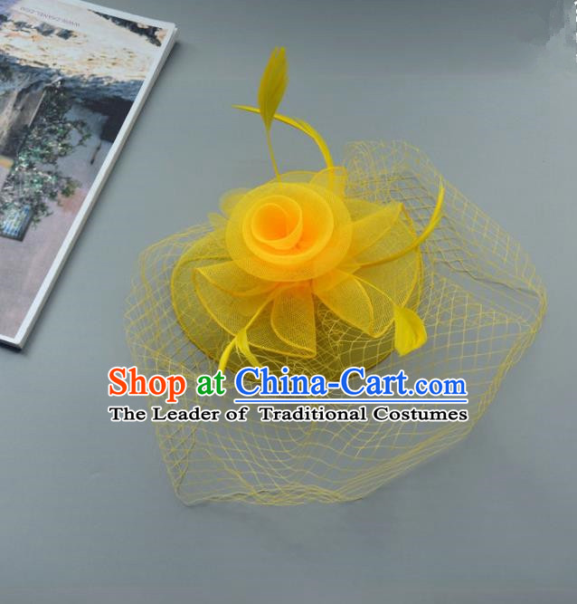 Top Grade Handmade Wedding Hair Accessories Yellow Feather Veil Headwear, Baroque Style Bride Silk Headdress for Women