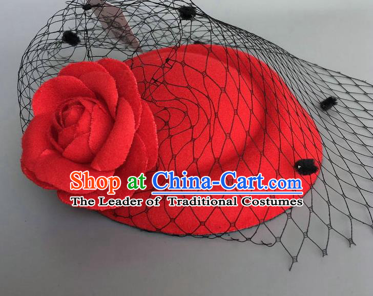 Handmade Wedding Vintage Hair Accessories Red Wool Flower Top Hat, Bride Ceremonial Occasions Model Show Headdress