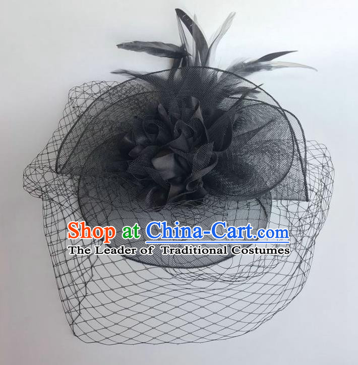 Handmade Vintage Hair Accessories Black Veil Feather Headwear, Halloween Ceremonial Occasions Model Show Headdress