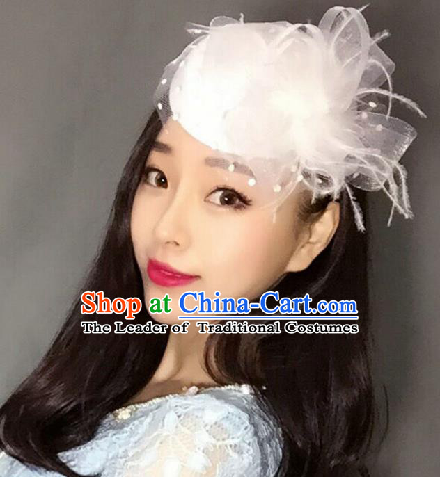 Handmade Vintage Hair Accessories Veil White Flower Top Hat Headwear, Bride Ceremonial Occasions Model Show Headdress