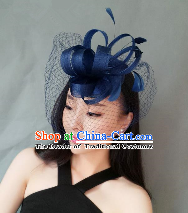 Handmade Wedding Hair Accessories Blue Veil Feather Headwear, Bride Ceremonial Occasions Vintage Top Hat