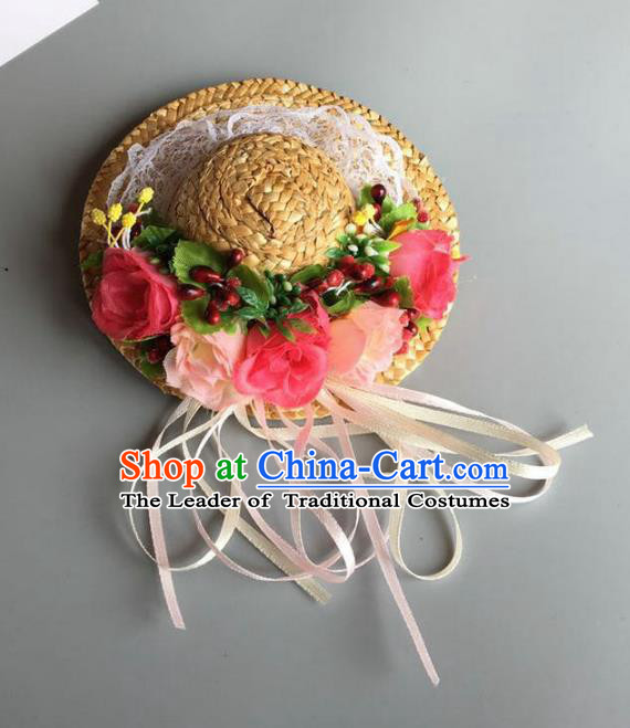 Handmade Baroque Hair Accessories Model Show Flowers Straw Hats, Bride Ceremonial Occasions Headwear for Kids