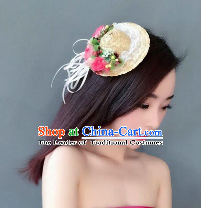 Handmade Baroque Hair Accessories Model Show Flowers Straw Hats, Bride Ceremonial Occasions Headwear for Women