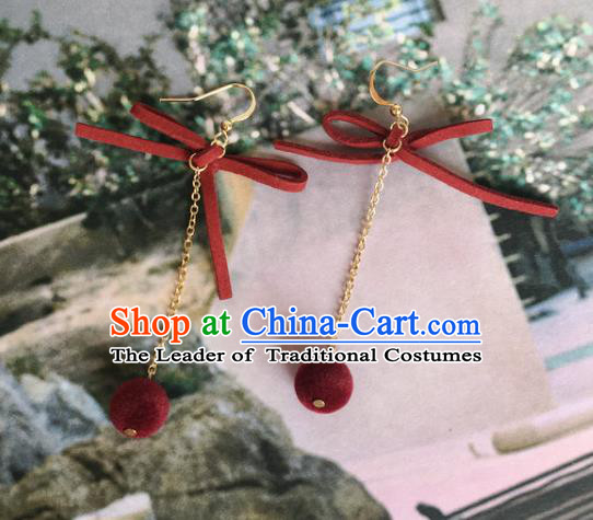 Handmade Wedding Accessories Red Bowknot Earrings, Bride Ceremonial Occasions Tassel Eardrop for Women