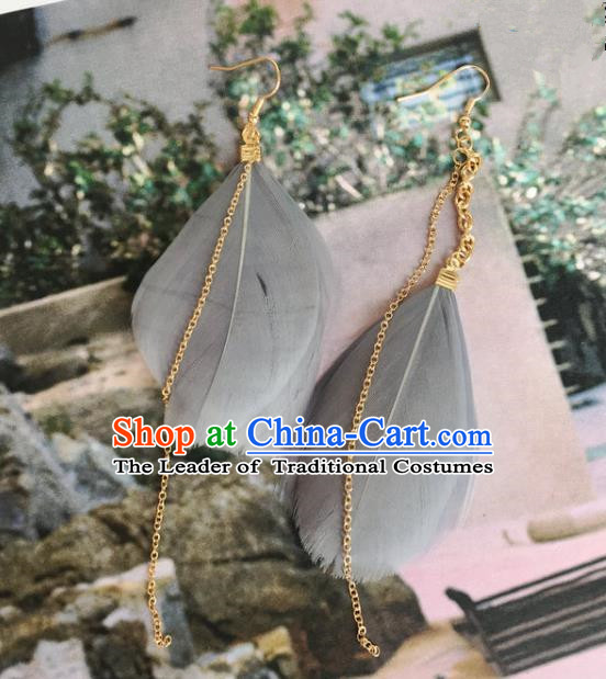 Handmade Wedding Accessories Grey Feather Earrings, Bride Ceremonial Occasions Tassel Eardrop for Women