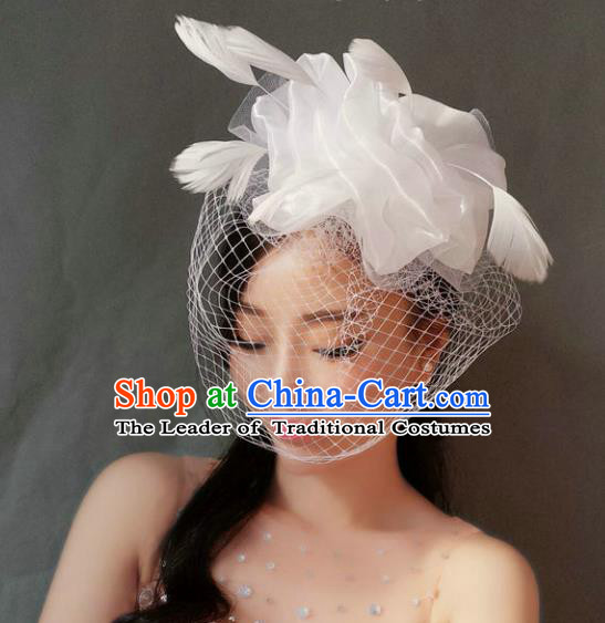 Handmade Baroque Hair Accessories White Veil Mask, Bride Ceremonial Occasions Exaggerate Feather Hair Clasp for Women