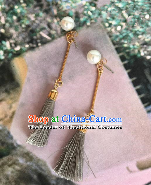 Handmade Wedding Accessories Grey Tassel Earrings, Bride Ceremonial Occasions Vintage Eardrop for Women