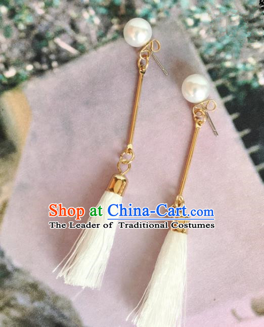 Handmade Wedding Accessories White Tassel Earrings, Bride Ceremonial Occasions Vintage Eardrop for Women