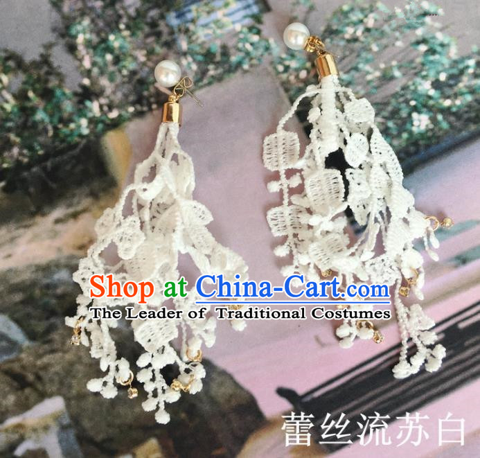 Handmade Wedding Accessories Tassel Earrings, Bride Ceremonial Occasions Vintage White Lace Eardrop for Women