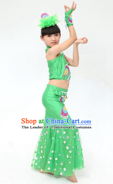 Traditional Chinese Dai Nationality Peacock Dance Green Costume, Folk Dance Ethnic Pavane Clothing Minority Dance Dress for Kids