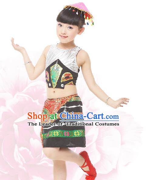 Traditional Chinese Dai Nationality Dance Costume, Children Folk Dance Ethnic Drum Dance Embroidery Clothing for Kids