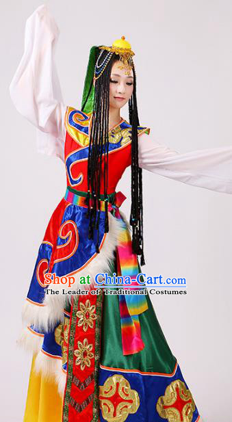 Traditional Chinese Zang Nationality Dance Water Sleeve Costume, China Tibetan Minority Embroidery Dress Clothing for Women