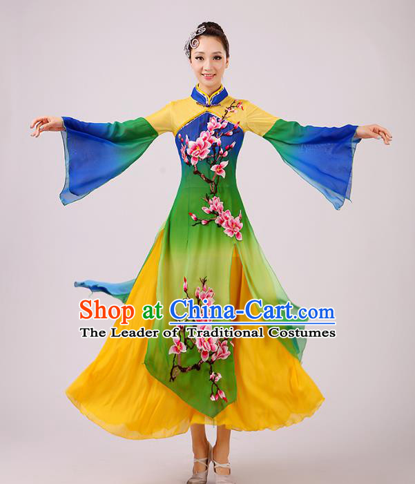 Traditional Chinese Umbrella Dance Green Embroidered Peach Blossom Costume, Folk Dance Uniform Classical Dance Dress Clothing for Women