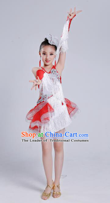 Top Grade Modern Dance Latin Dance Competition Costume, Opening Dance White Tassel Dress for Kids