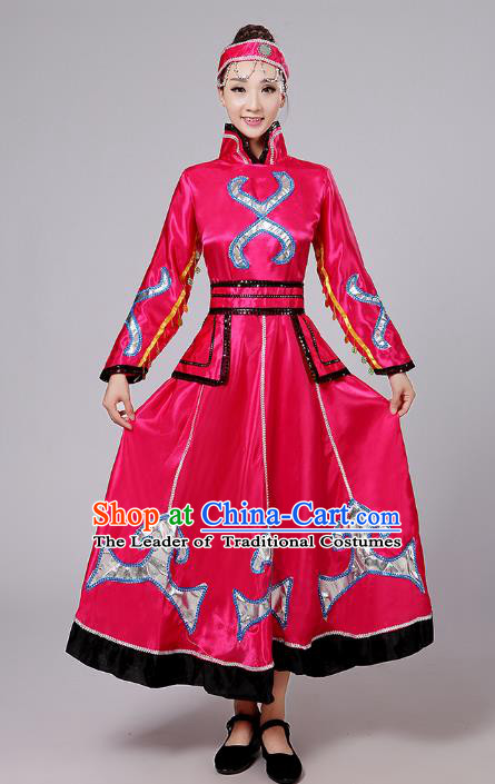 Traditional Chinese Mongol Nationality Dance Costume, China Mongolian Minority Embroidery Rosy Dress Clothing for Women