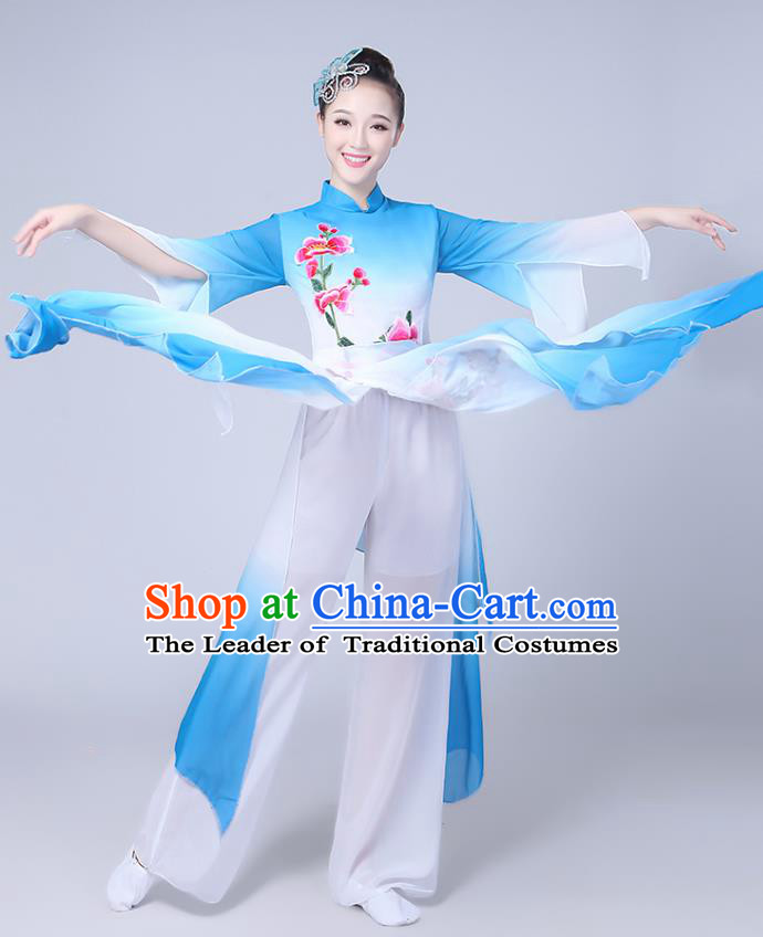 Traditional Chinese Classical Yanko Dance Embroidered Costume, Folk Fan Dance Blue Uniform Umbrella Dance Clothing for Women