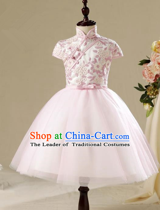 Children Modern Dance Flower Fairy Costume Pink Cheongsam, Performance Model Show Clothing Princess Bubble Dress for Girls