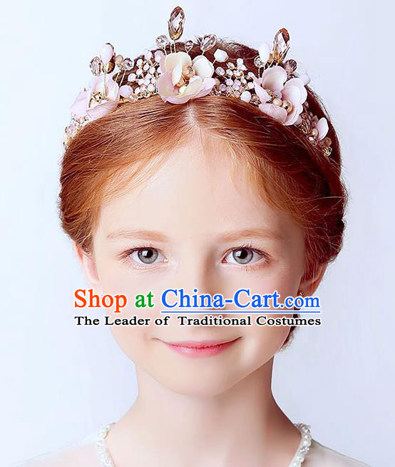 Handmade Children Hair Accessories Royal Crown, Princess Headwear Model Show Pink Flowers Hair Clasp for Kids