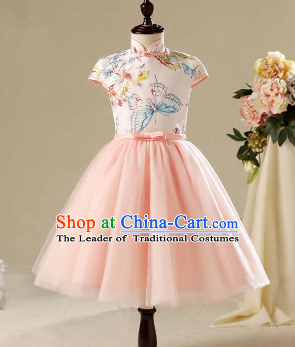 Children Modern Dance Costume Pink Cheongsam, Ceremonial Occasions Model Show Princess Veil Full Dress for Girls