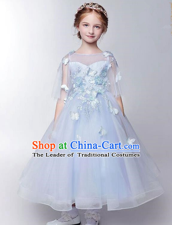 Children Modern Dance Costume Blue Bubble Dress, Ceremonial Occasions Model Show Princess Veil Full Dress for Girls