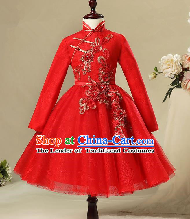 Children Modern Dance Costume Red Long Sleeve Cheongsam, Ceremonial Occasions Model Show Princess Veil Full Dress for Girls