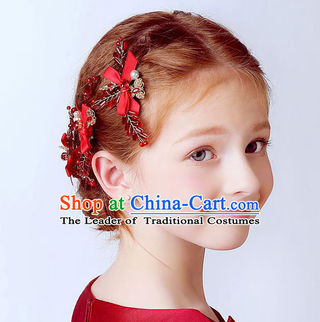 Handmade Children Hair Accessories Red Bowknot Hair Stick, Princess Halloween Model Show Headwear Hair Clasp for Kids