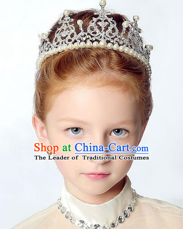 Handmade Children Hair Accessories Crystal Pearls Royal Crown, Princess Halloween Model Show Headwear for Kids